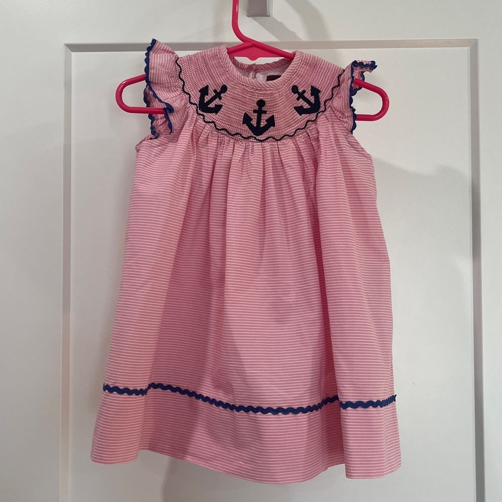 Lil Cactus Pink and White Smocked Nautical Anchor Dress, 6-12 months